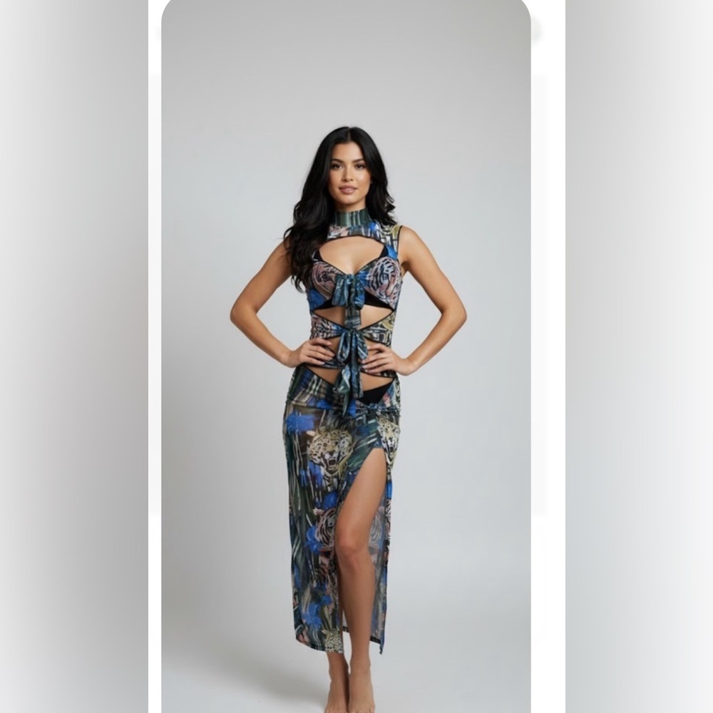 Halfheart. Blue and White Sheath Dress with Mandarin Collar and Slit